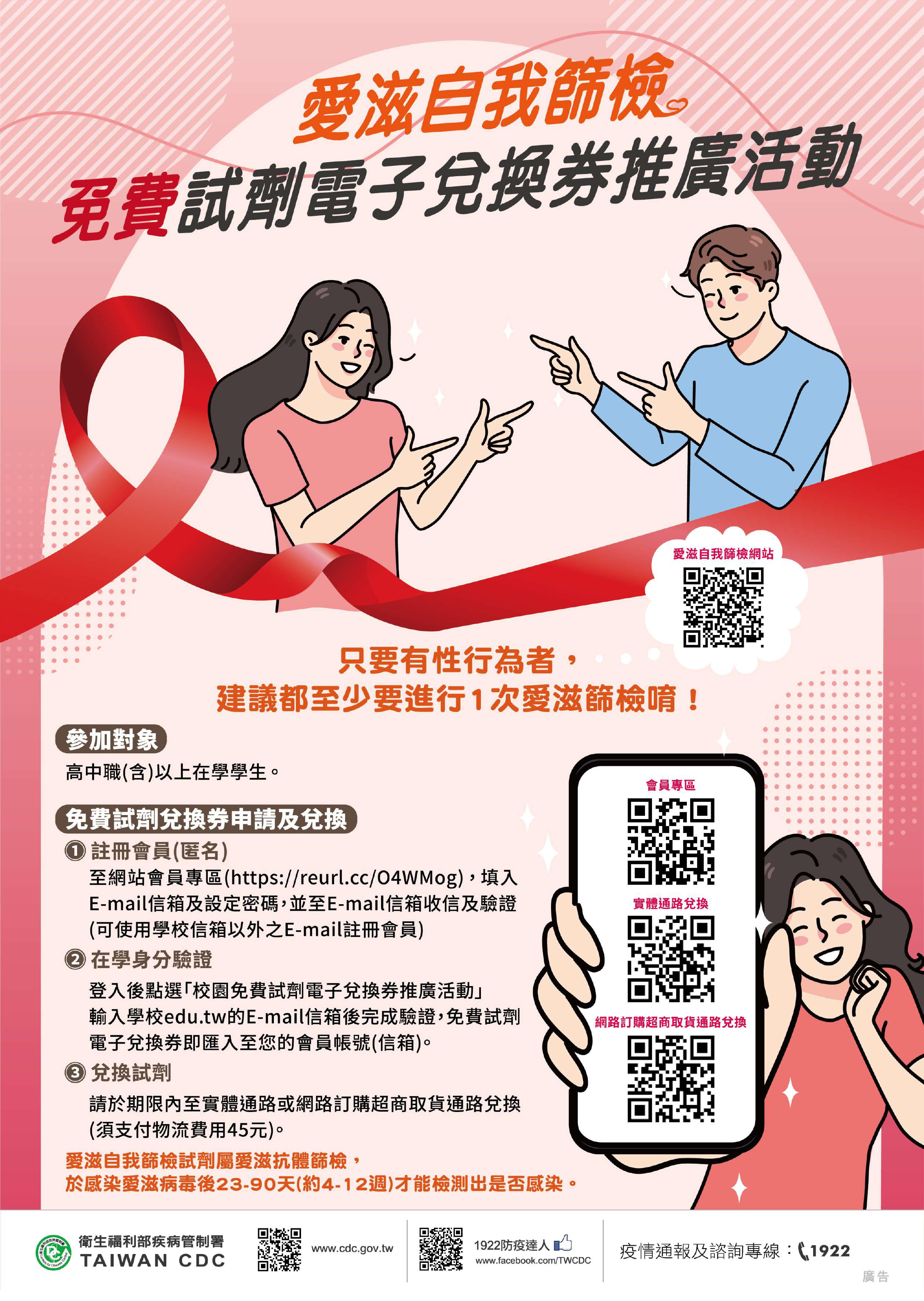 愛滋自我篩檢免費試劑電子兌換券推廣活動-衛福部疾管署宣導海報