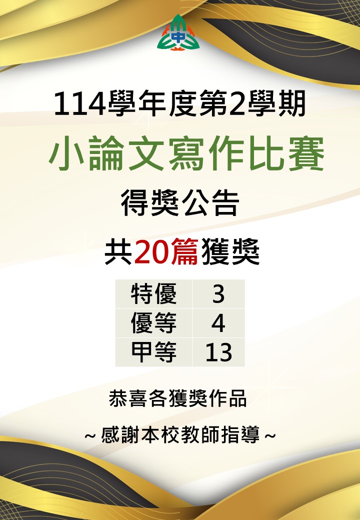 第1150313梯次小論文寫作比賽共20篇獲獎